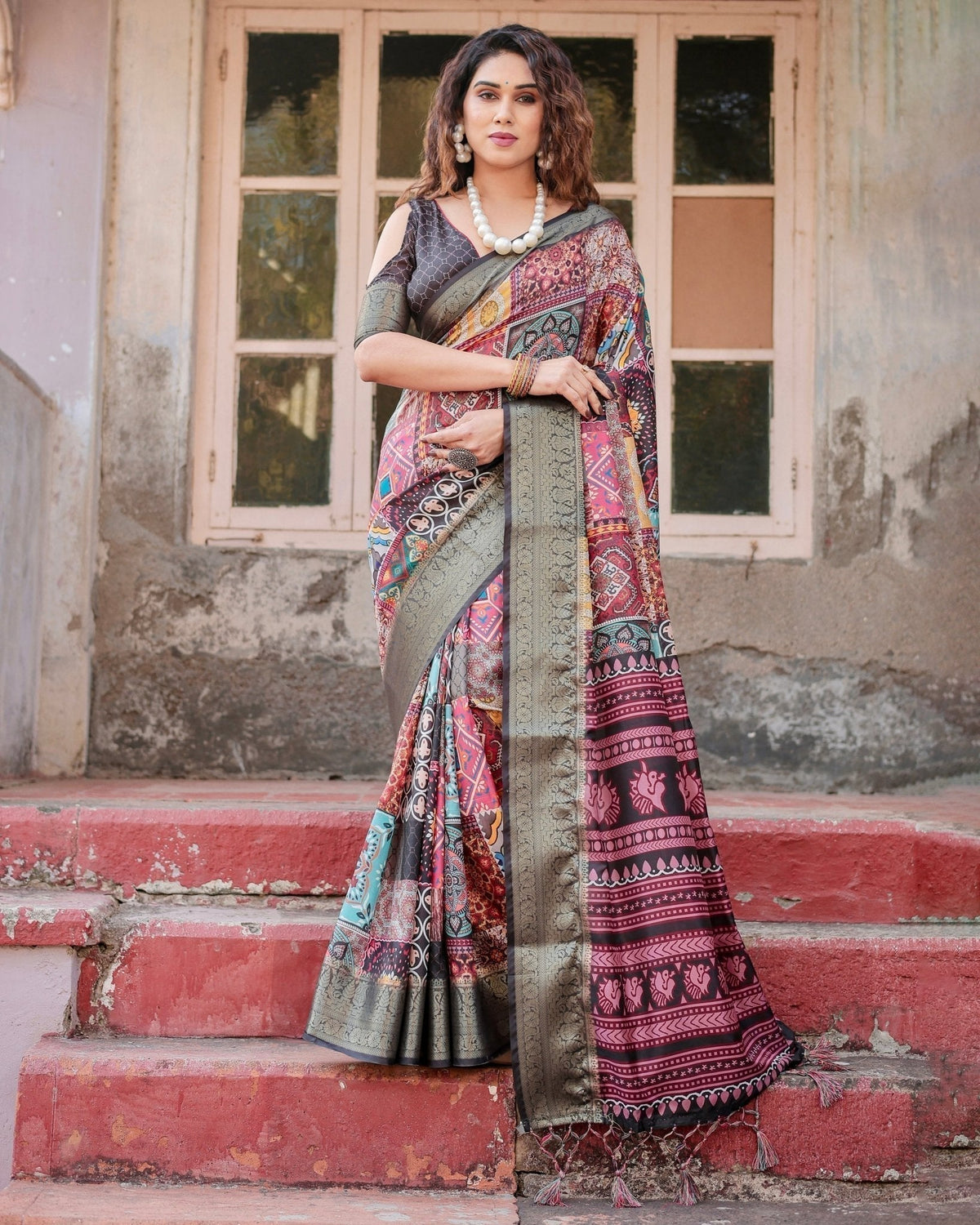 Multicolor Tussar Silk Saree with Ornamental Patchwork and Olive Zari