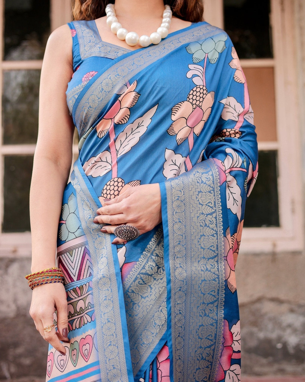 Sky Blue Tussar Silk Saree with Bold Floral Motifs and Chevron Pallu