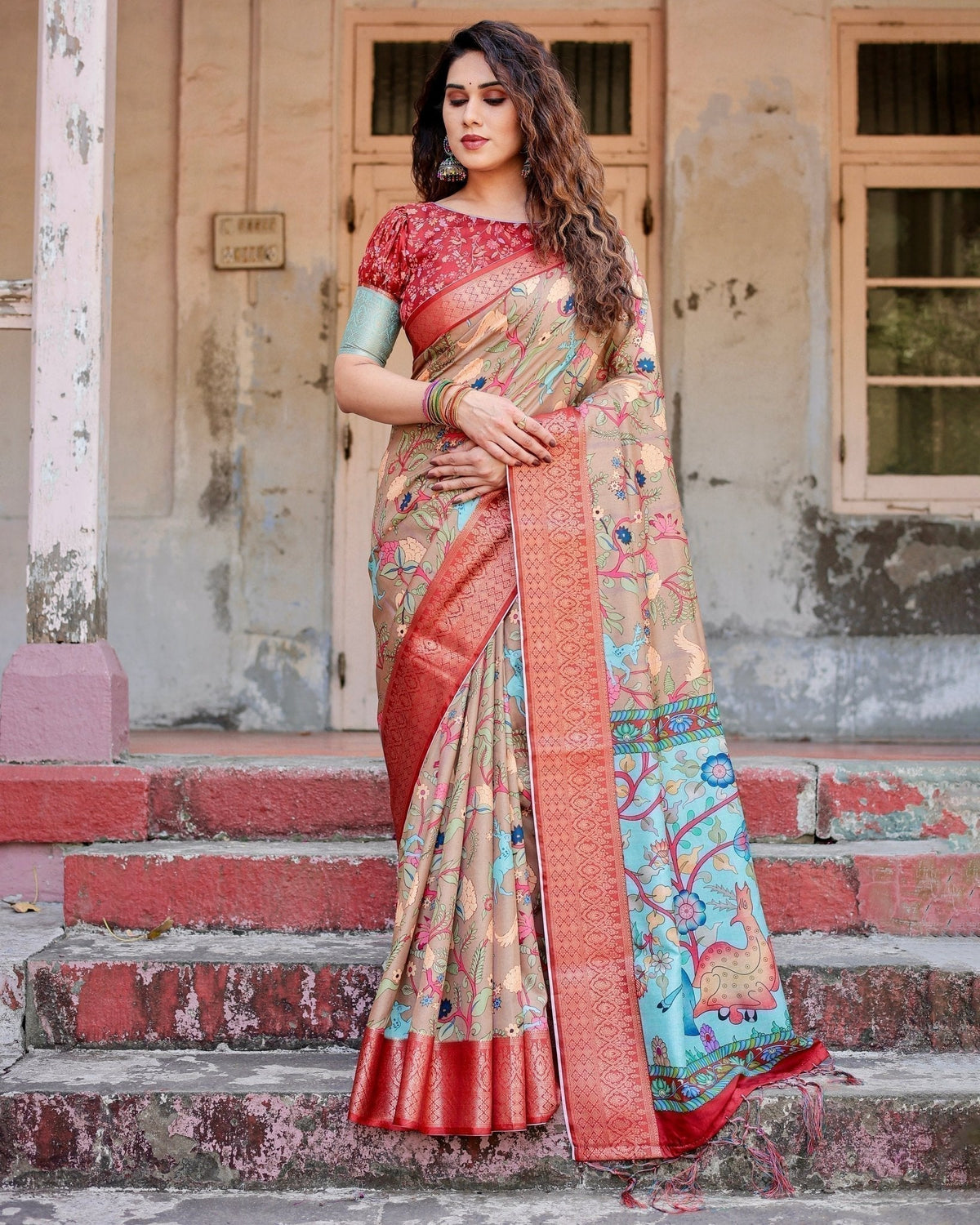 Beige Tussar Silk Saree with Vibrant Multicolor Floral Prints and Red