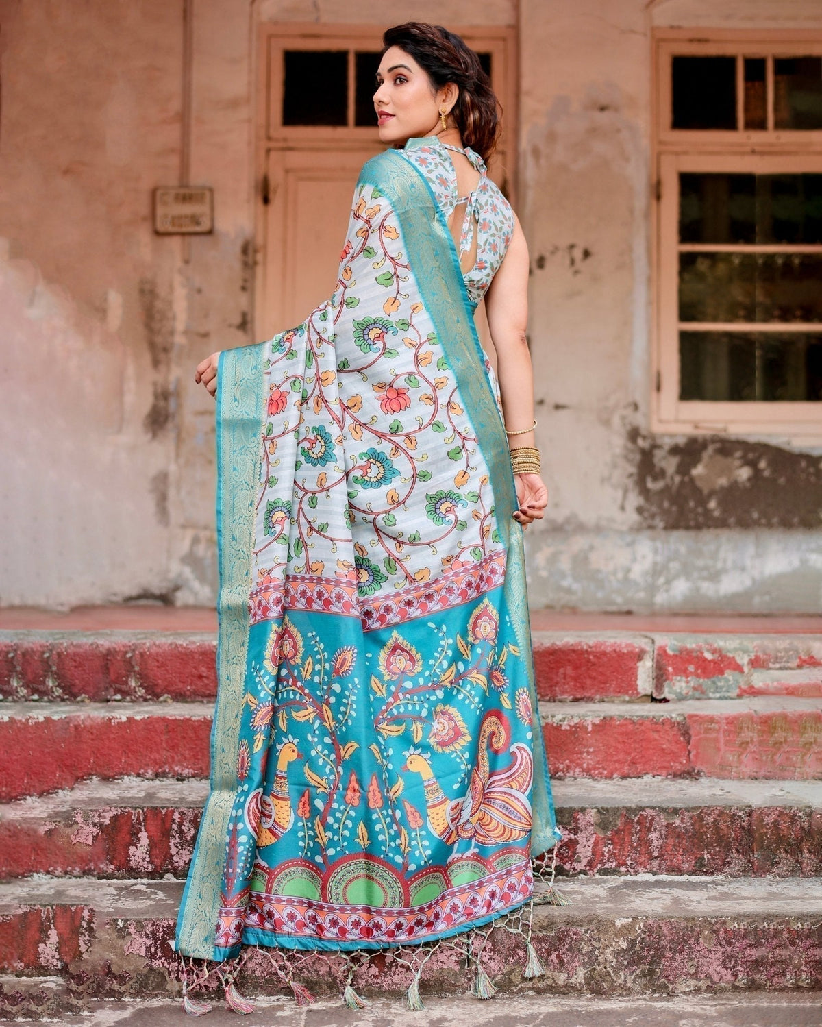 Sky Blue Tussar Silk Saree with Multicolor Floral Design and Zari