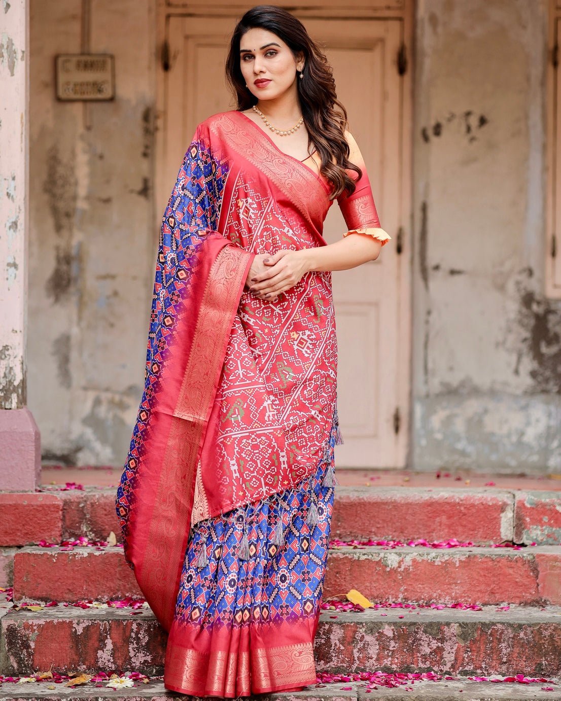 Royal Blue and Red Tussar Silk Saree with Geometric Patterns and