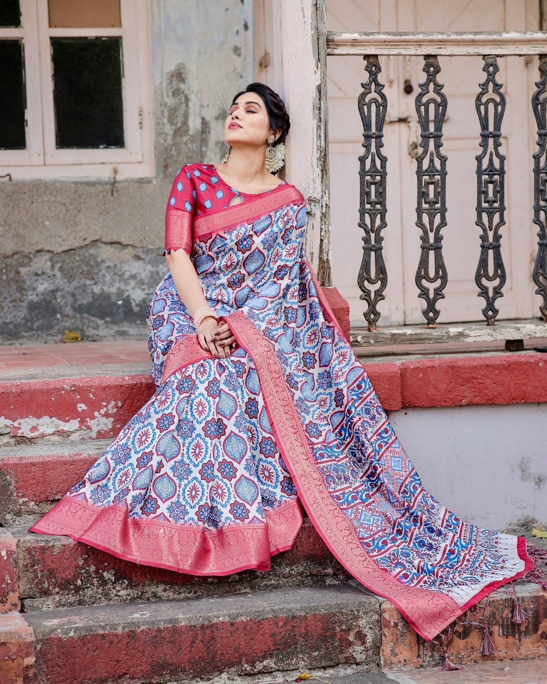White and Red Tussar Silk Saree with Vibrant Floral Geometric Motifs