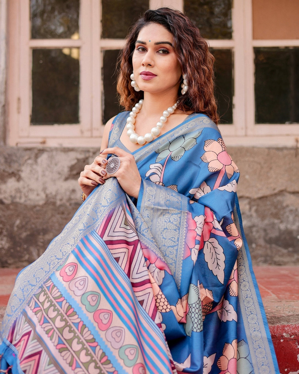 Sky Blue Tussar Silk Saree with Bold Floral Motifs and Chevron Pallu