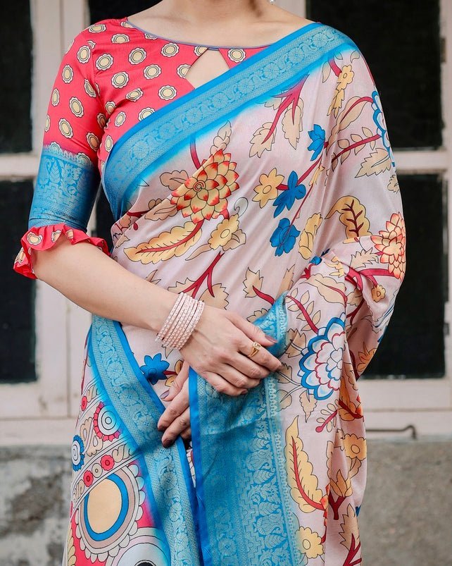 Beige and Red Tussar Silk Saree with Divine Motifs and Floral Zari