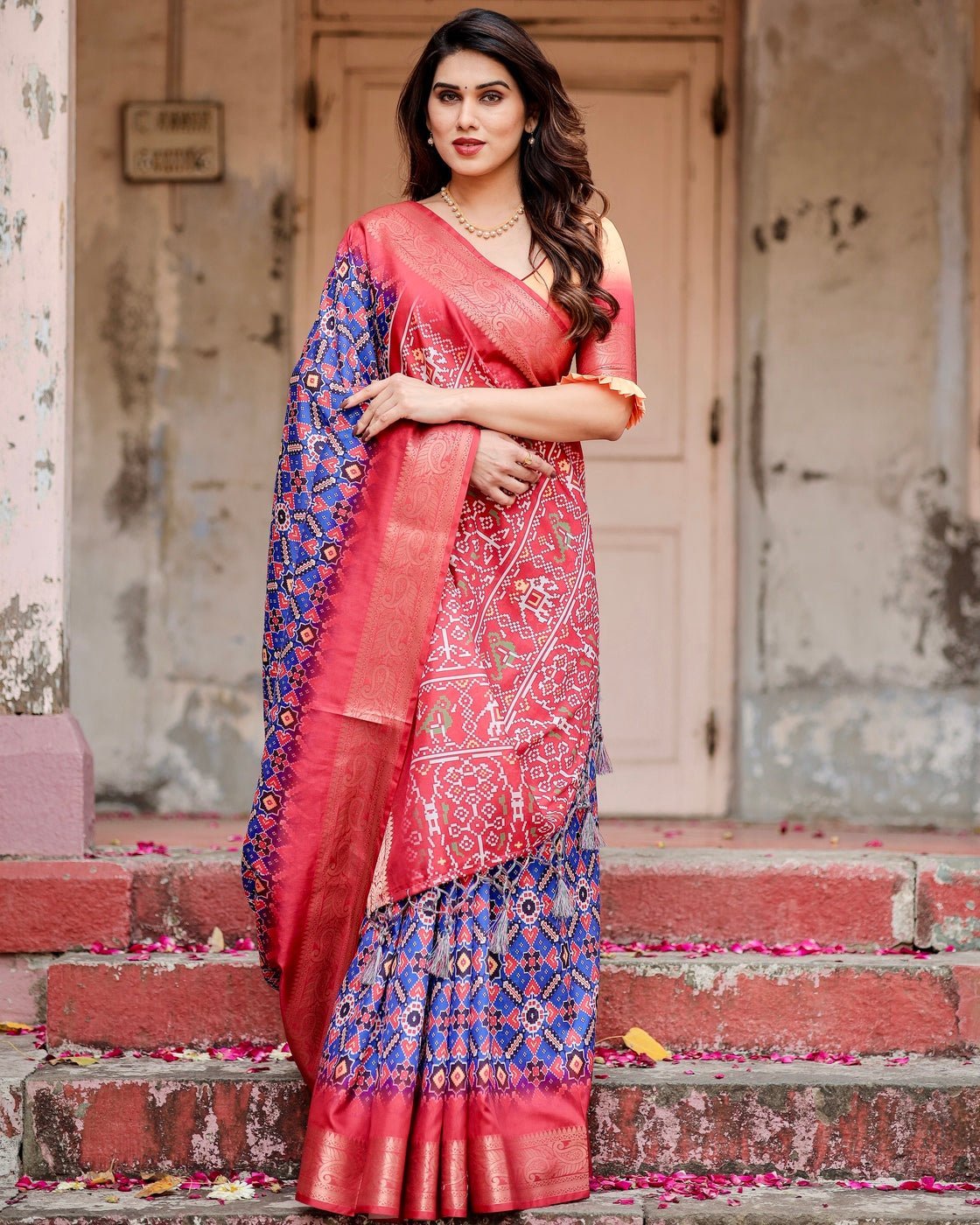 Royal Blue and Red Tussar Silk Saree with Geometric Patterns and