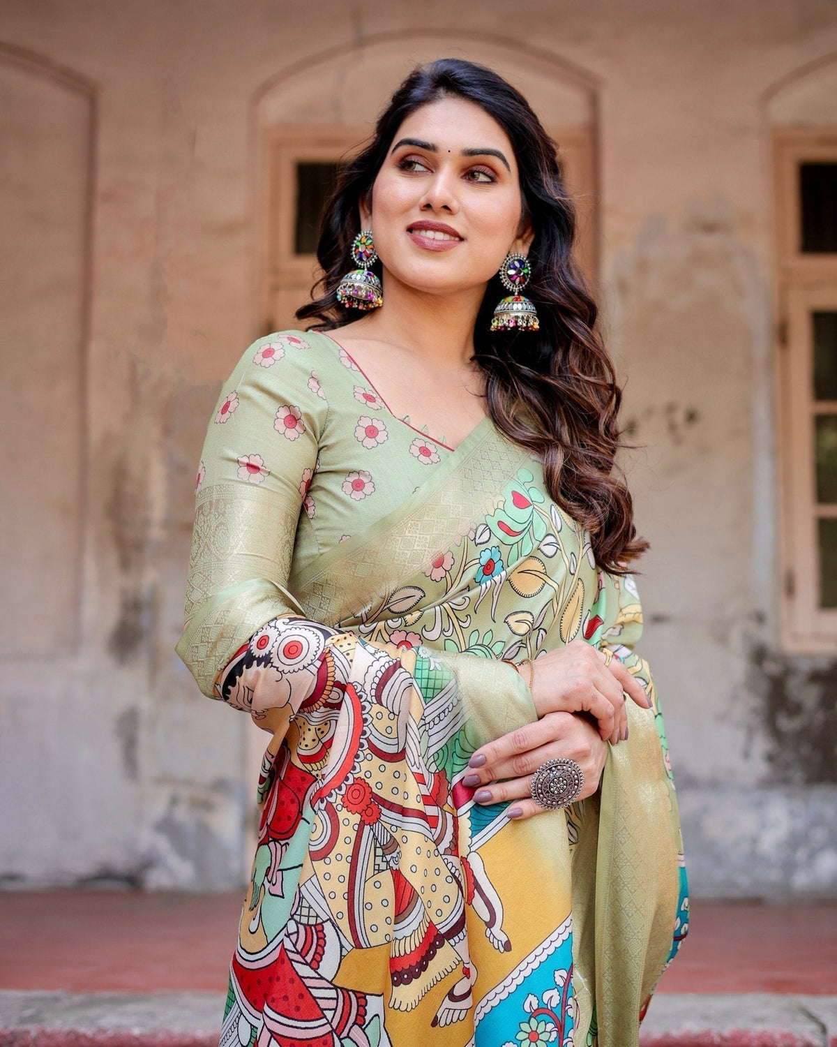 Pastel Green Tussar Silk Saree with Mythological Kalamkari Pallu and