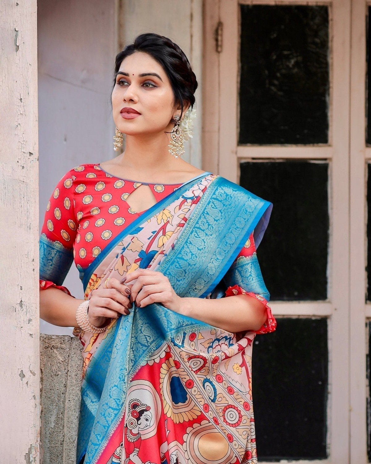 Beige and Red Tussar Silk Saree with Divine Motifs and Floral Zari