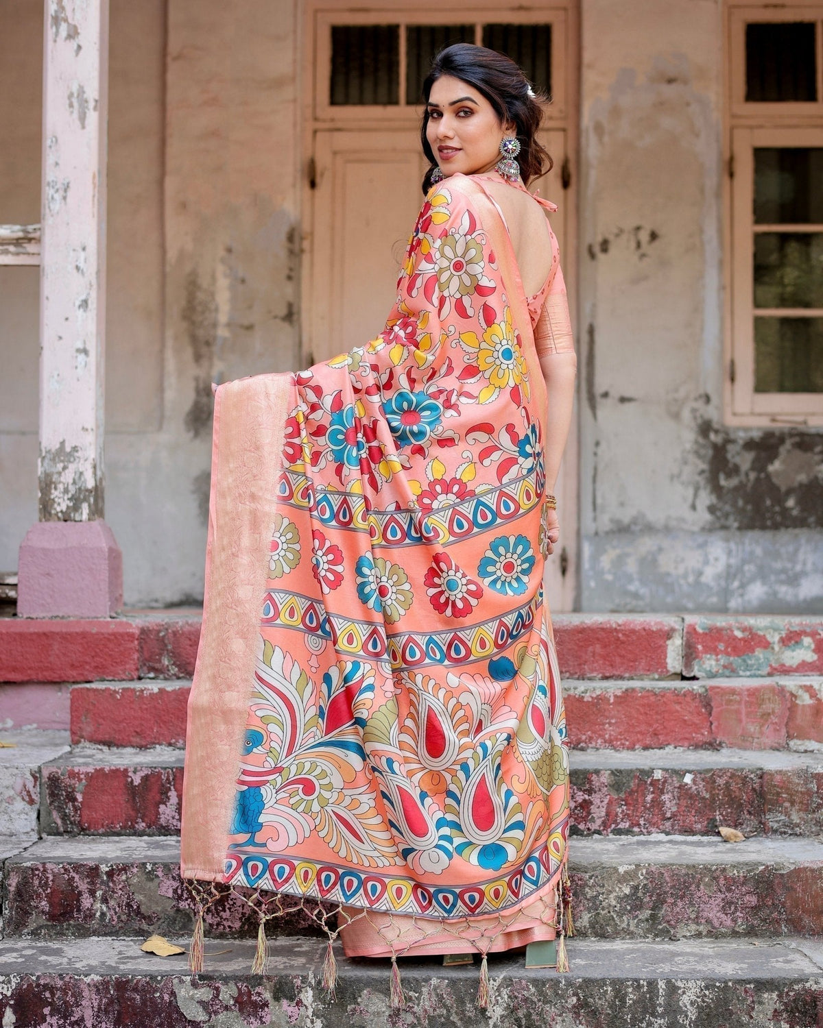 Peach Tussar Silk Saree with Vibrant Floral Kalamkari and Zari