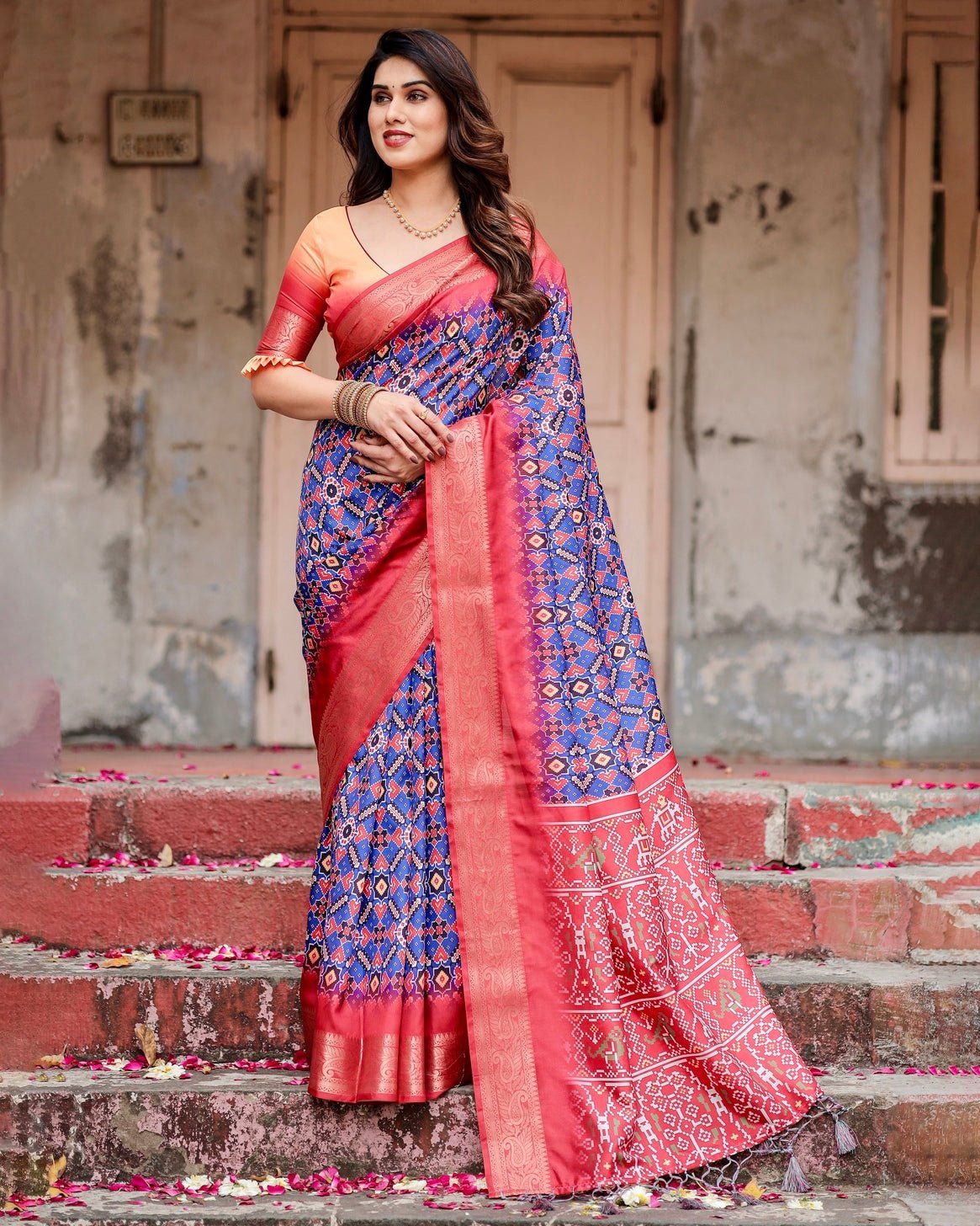 Royal Blue and Red Tussar Silk Saree with Geometric Patterns and