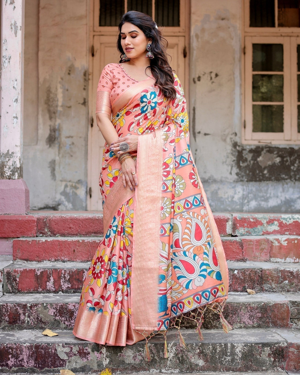 Peach Tussar Silk Saree with Vibrant Floral Kalamkari and Zari