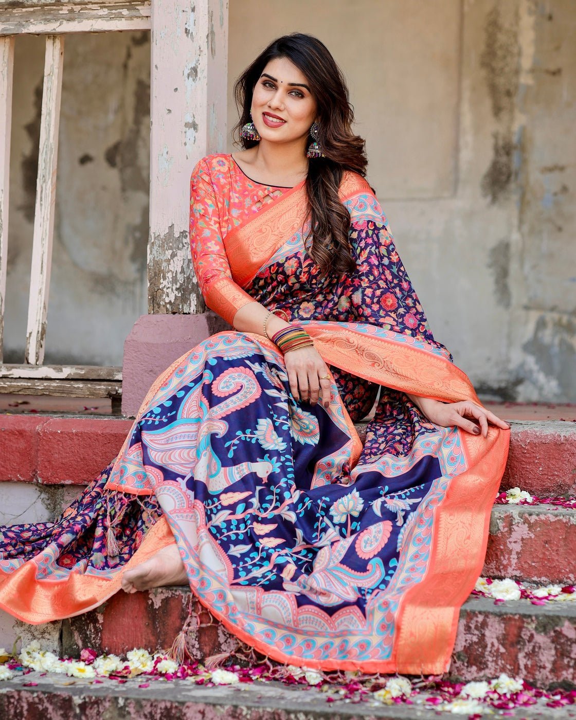 Navy Blue and Peach Tussar Silk Saree with Peacock Motifs and Floral