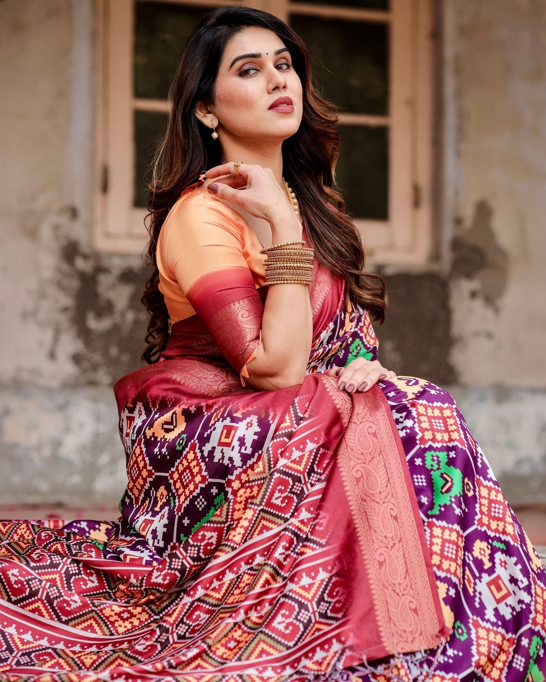 Wine Purple Tussar Silk Saree with Ikat-Inspired Patterns and Rich