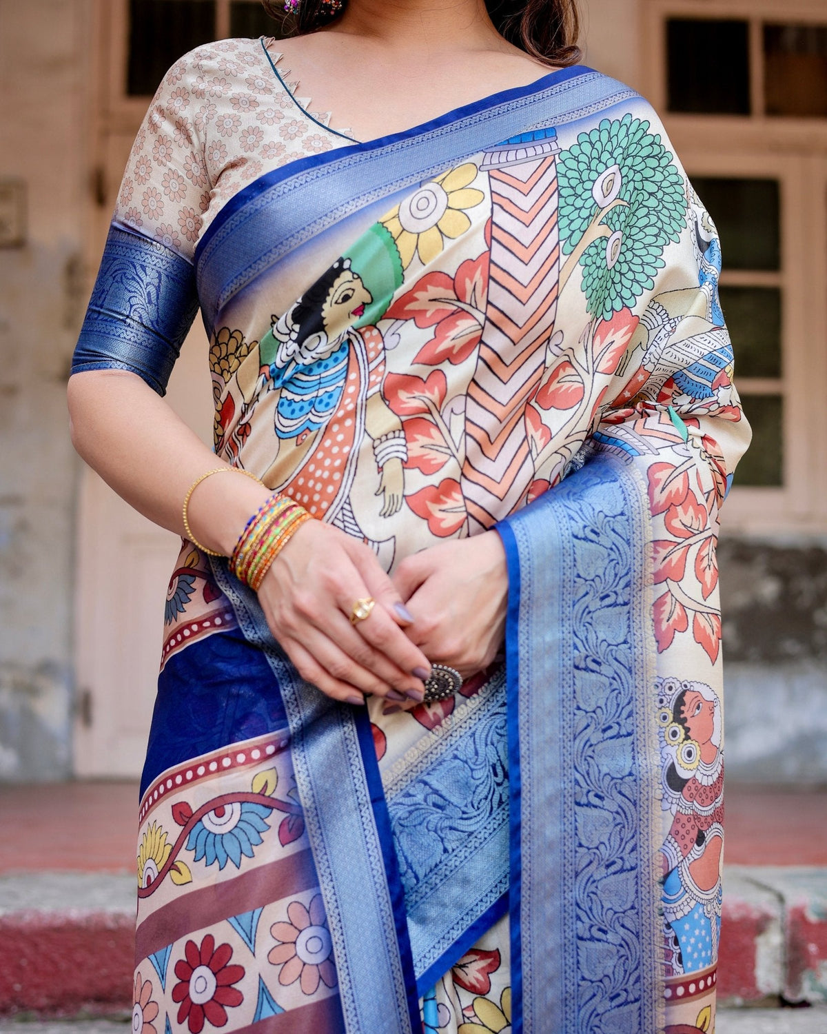 Multicolor Tussar Silk Saree with Artistic Floral Motifs and