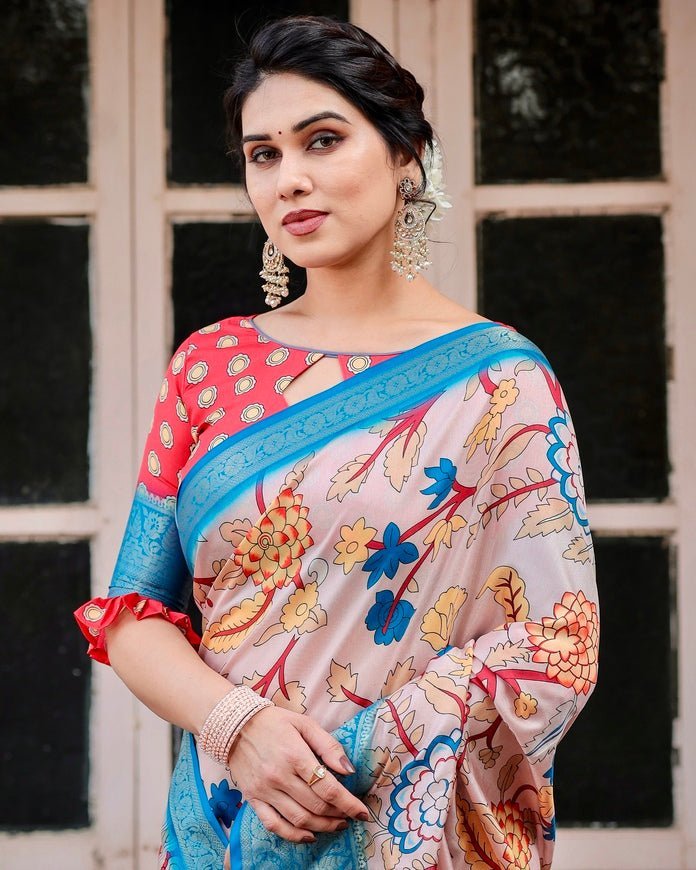 Beige and Red Tussar Silk Saree with Divine Motifs and Floral Zari