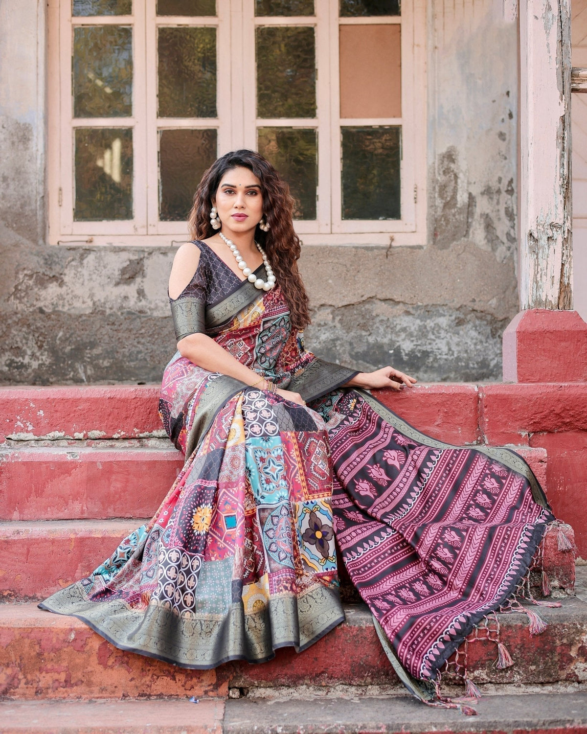 Multicolor Tussar Silk Saree with Ornamental Patchwork and Olive Zari