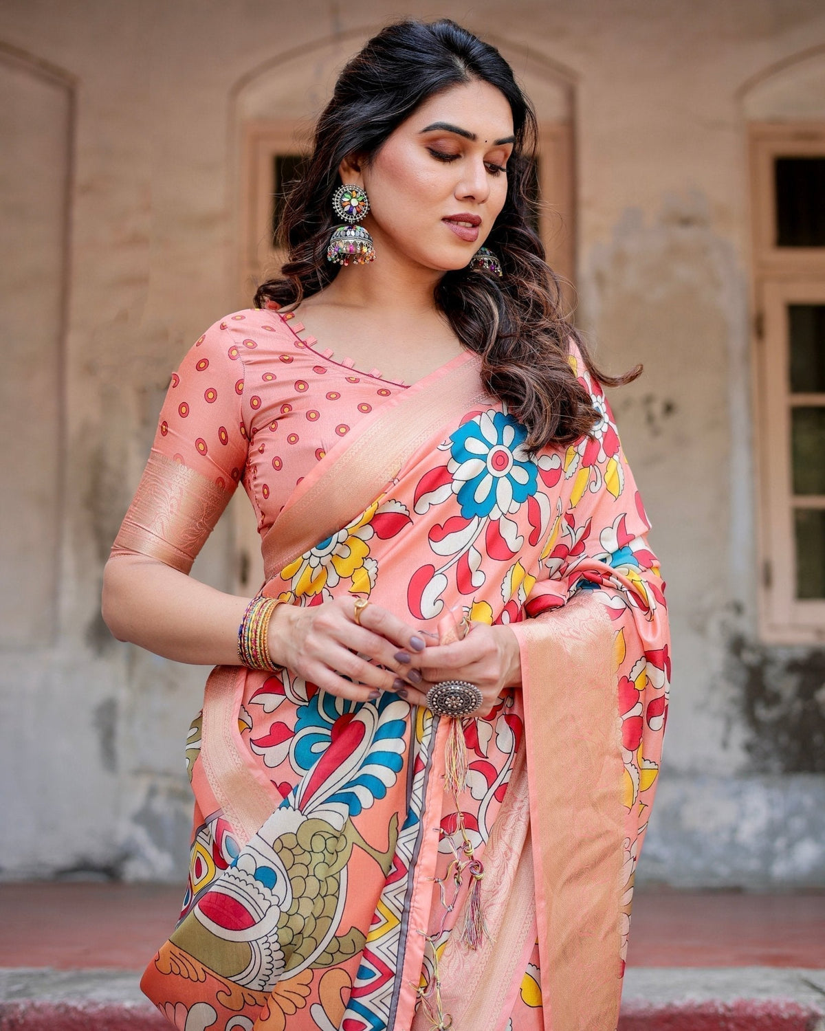 Peach Tussar Silk Saree with Vibrant Floral Kalamkari and Zari