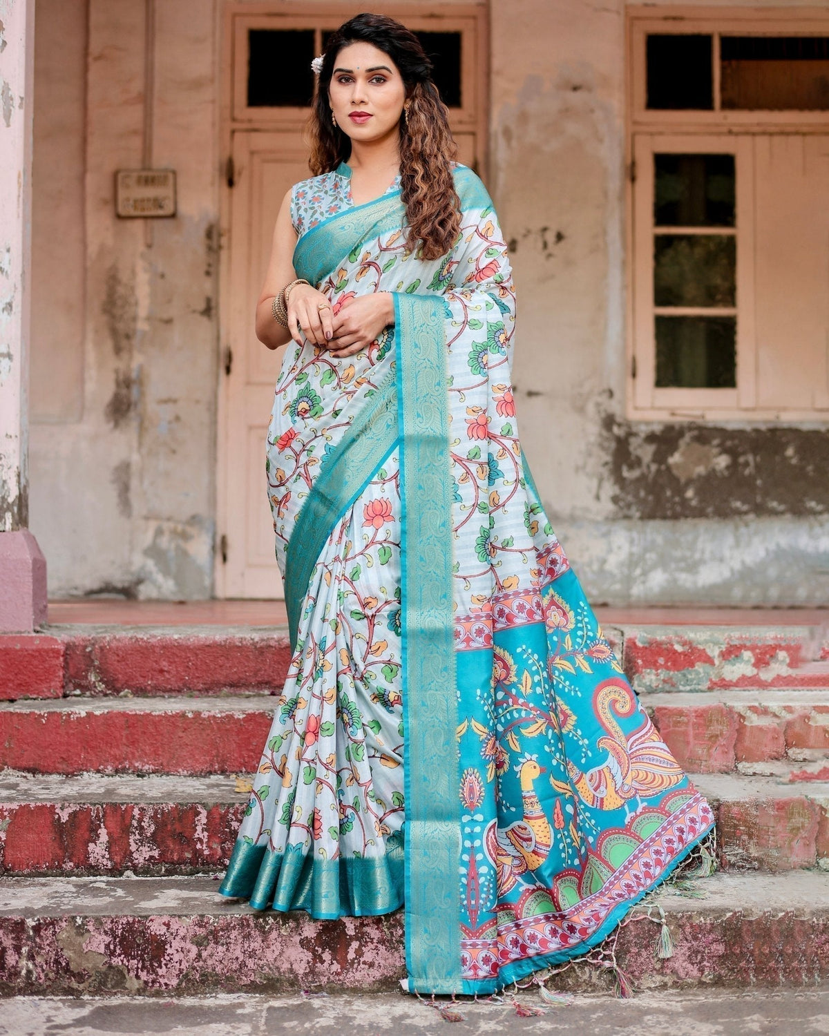 Sky Blue Tussar Silk Saree with Multicolor Floral Design and Zari