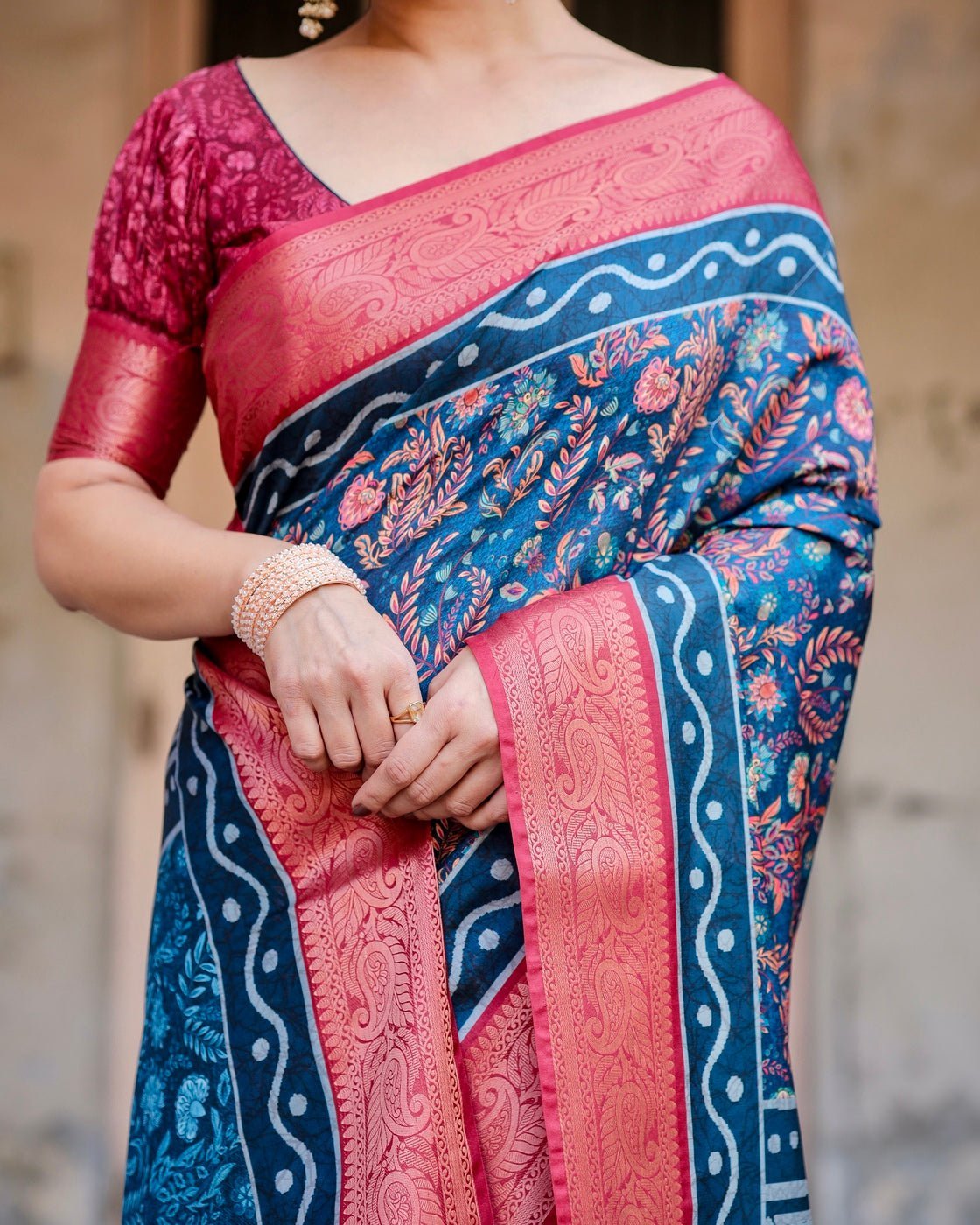 Teal Blue and Coral Tussar Silk Saree with Floral Weaves and Geometric