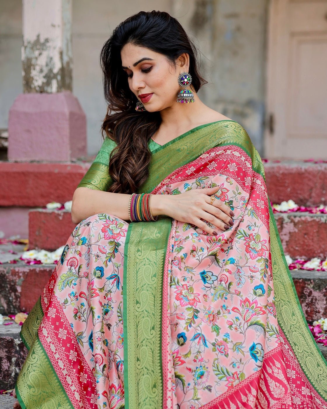 Blush Pink and Green Tussar Silk Saree with Floral Prints and