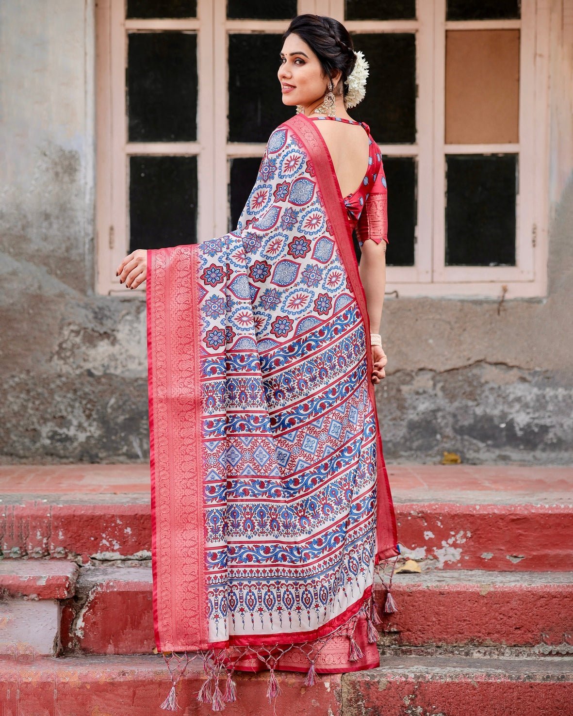 White and Red Tussar Silk Saree with Vibrant Floral Geometric Motifs