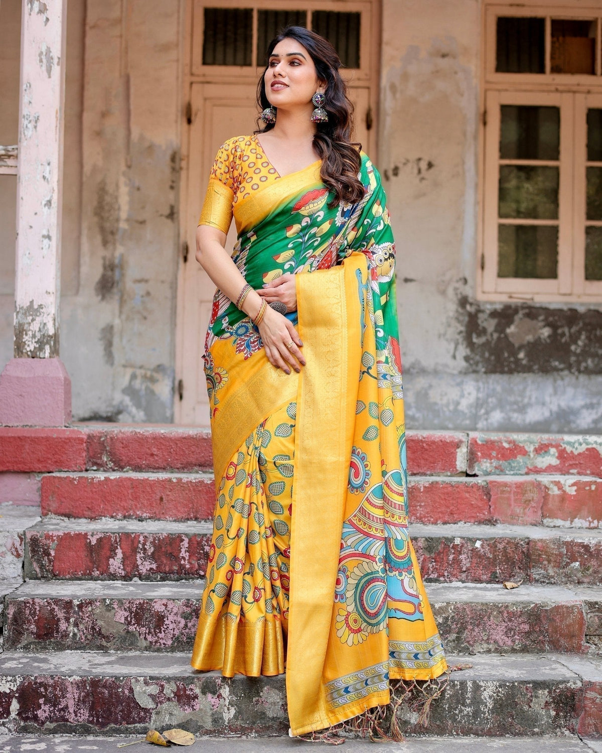 Golden Yellow Tussar Silk Saree with Vibrant Peacock Kalamkari Motifs