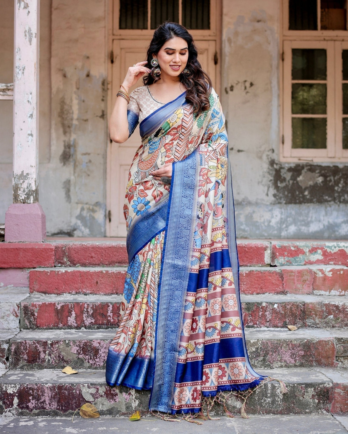 Multicolor Tussar Silk Saree with Artistic Floral Motifs and