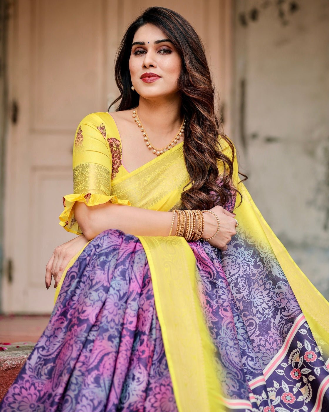 Purple and Yellow Tussar Silk Saree with Artistic Peacock Pallu and
