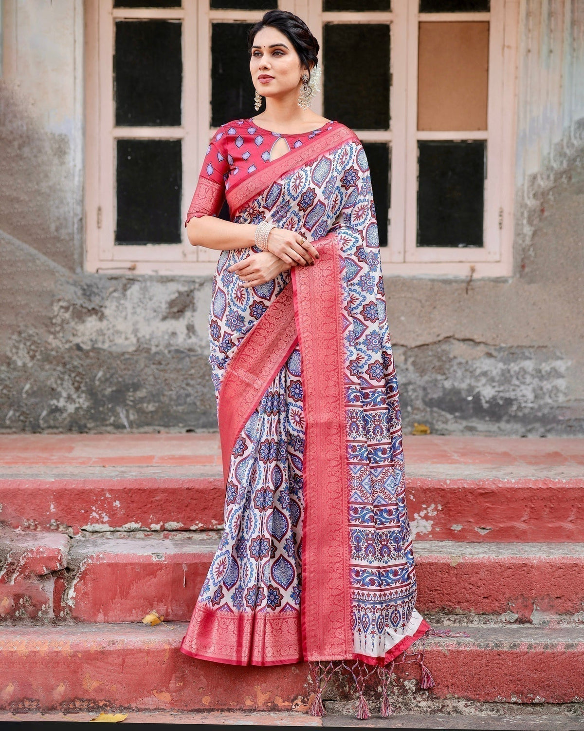 White and Red Tussar Silk Saree with Vibrant Floral Geometric Motifs