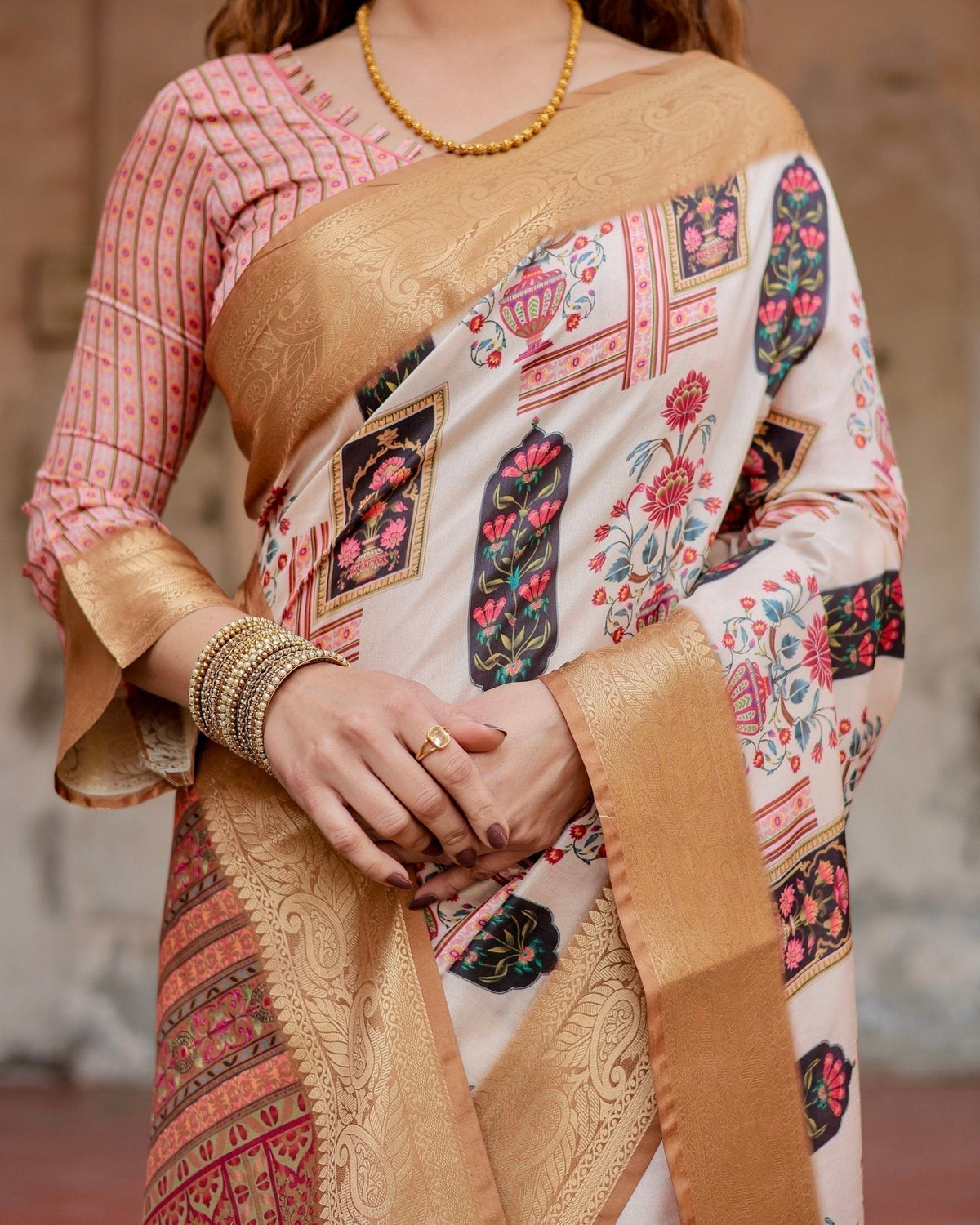 Ivory Tussar Silk Saree with Artistic Floral Motifs and Gleaming