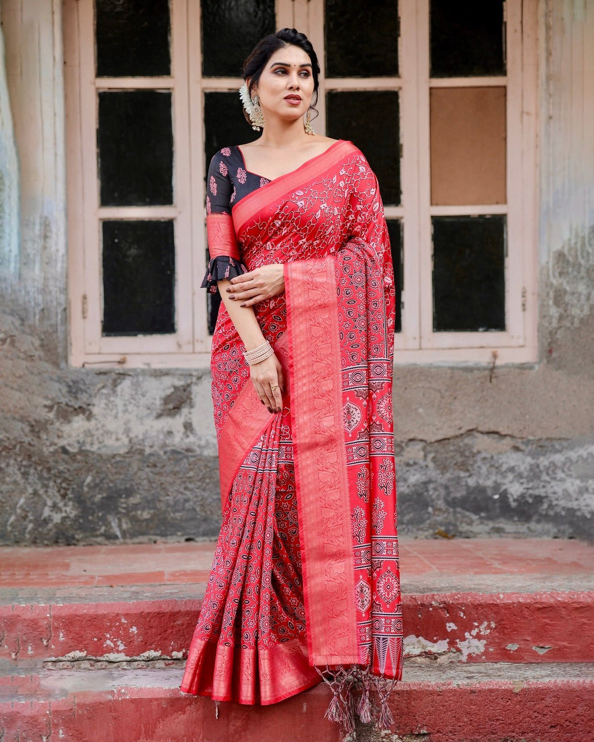 Fiery Red Tussar Silk Saree with Ornamental Motifs and Detailed Zari