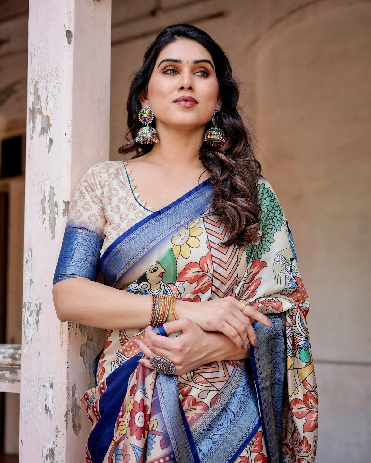 Multicolor Tussar Silk Saree with Artistic Floral Motifs and