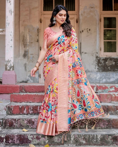 Peach Tussar Silk Saree with Vibrant Floral Kalamkari and Zari
