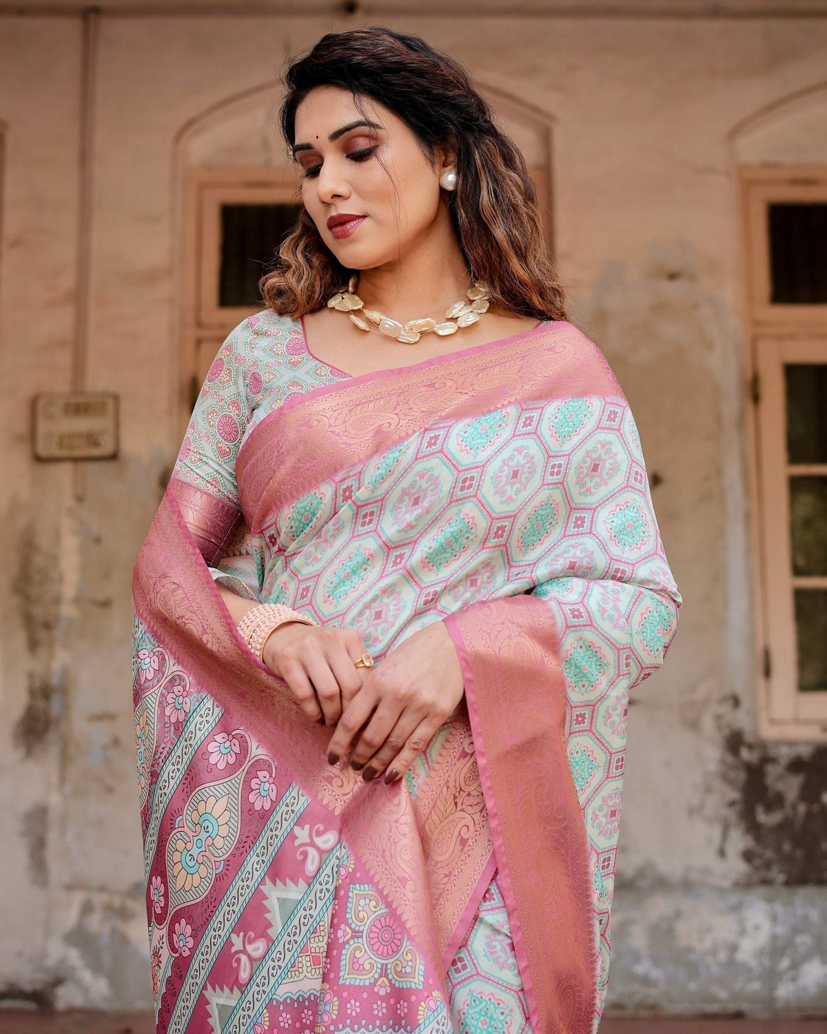 Pastel Pink and Mint Green Geometric Tussar Silk Saree with Zari