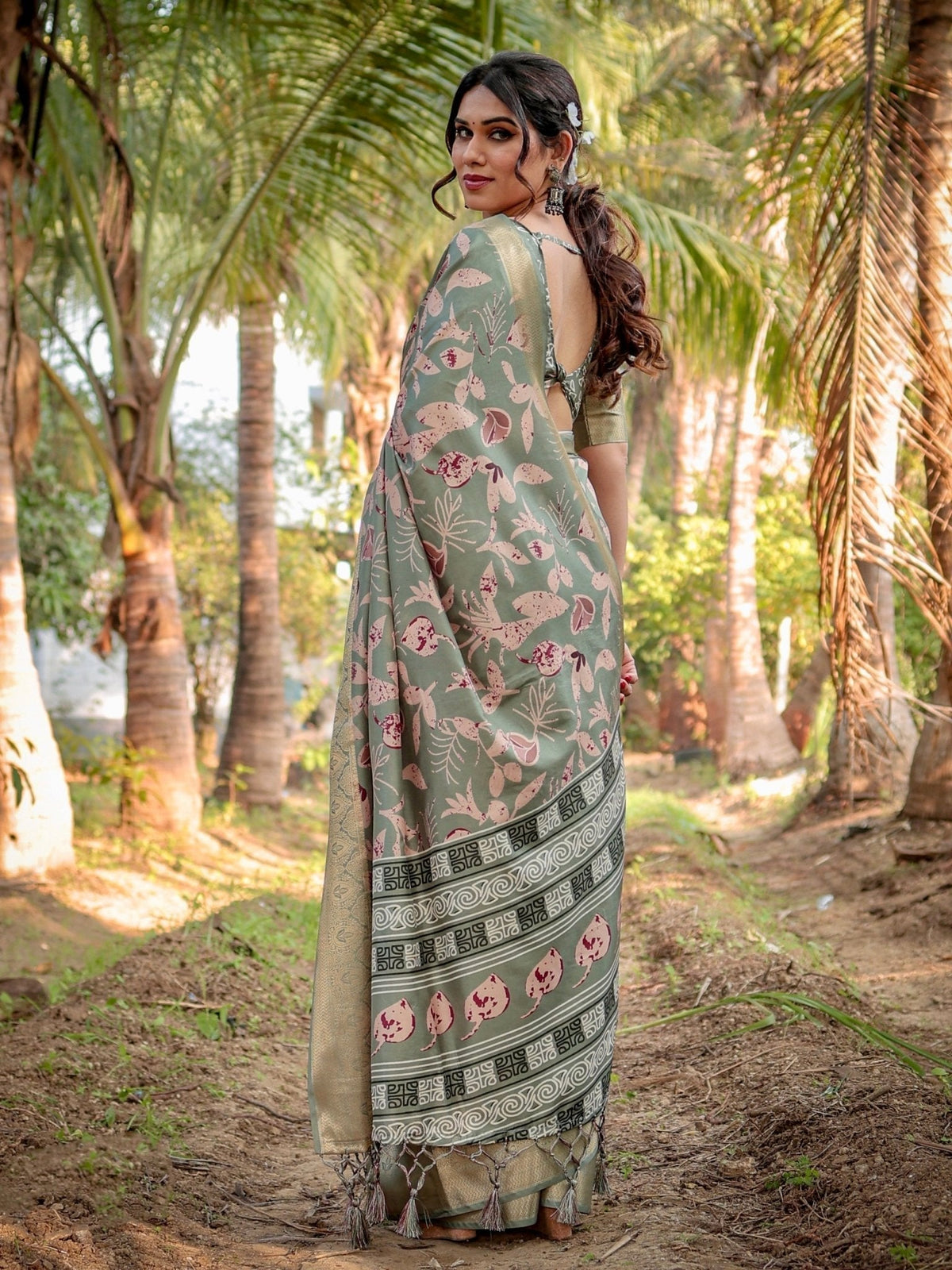 Graceful Olive Green Tussar Silk Saree with Intricate Beige and Maroon