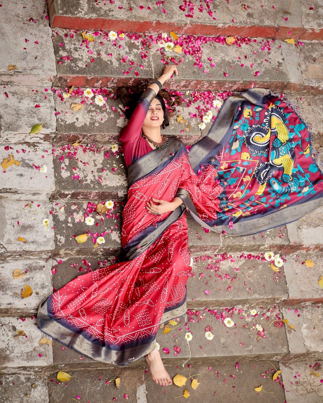 Crimson Red Tussar Silk Saree with Bandhani Patterns, Zari Border, and