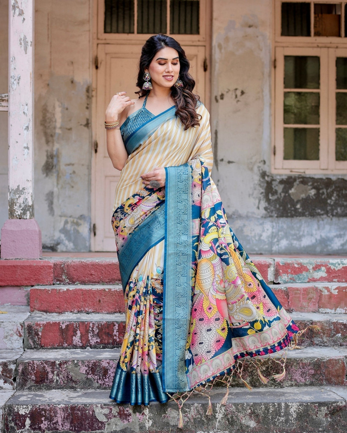 Beige & Teal Tussar Silk Saree with Intricate Kalamkari and Zari