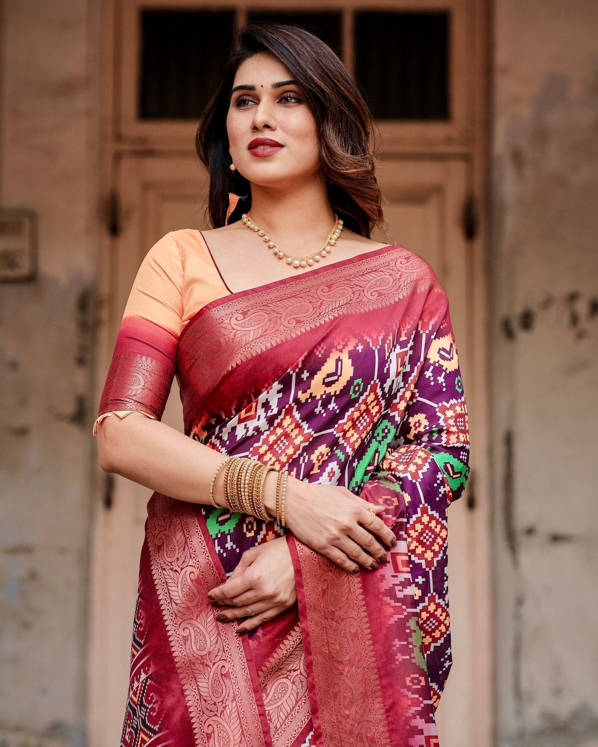 Wine Purple Tussar Silk Saree with Ikat-Inspired Patterns and Rich