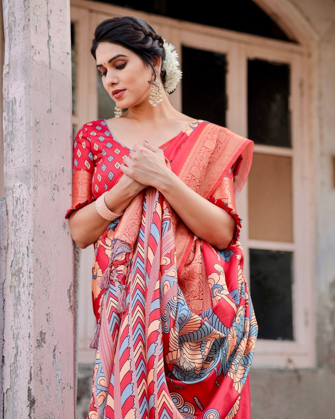 Vibrant Red Tussar Silk Saree with Bold Floral Motifs and Chevron