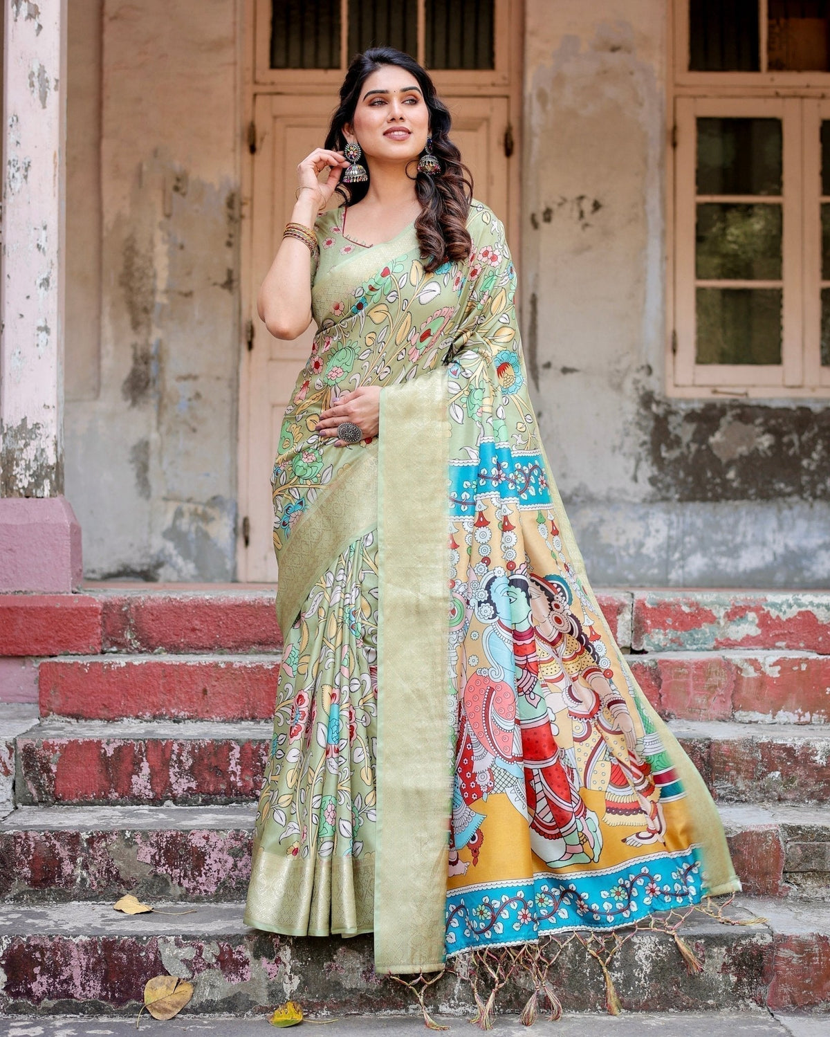 Pastel Green Tussar Silk Saree with Mythological Kalamkari Pallu and