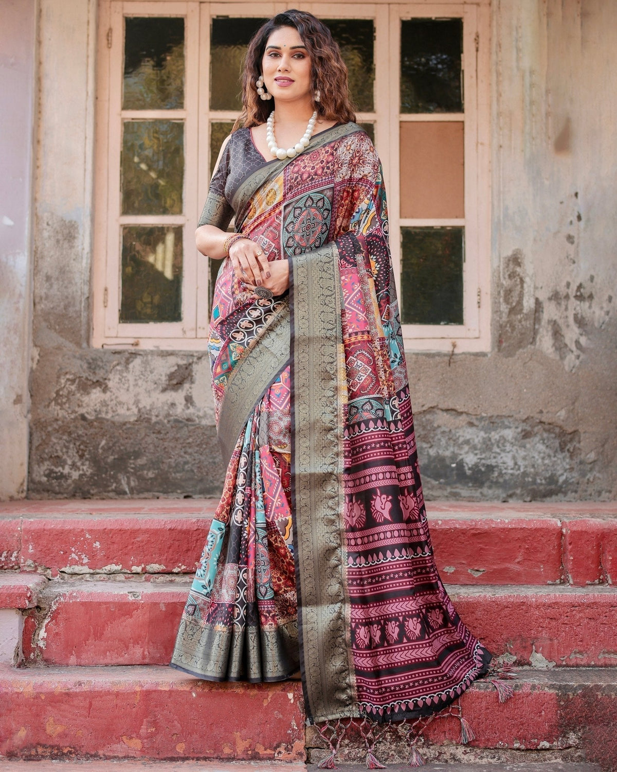 Multicolor Tussar Silk Saree with Ornamental Patchwork and Olive Zari