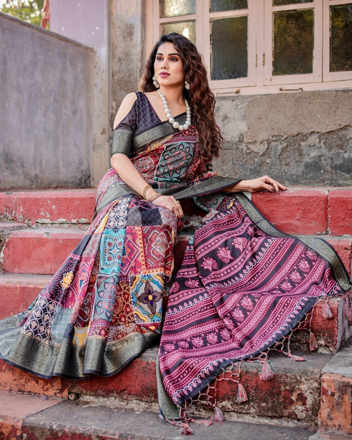 Multicolor Tussar Silk Saree with Ornamental Patchwork and Olive Zari