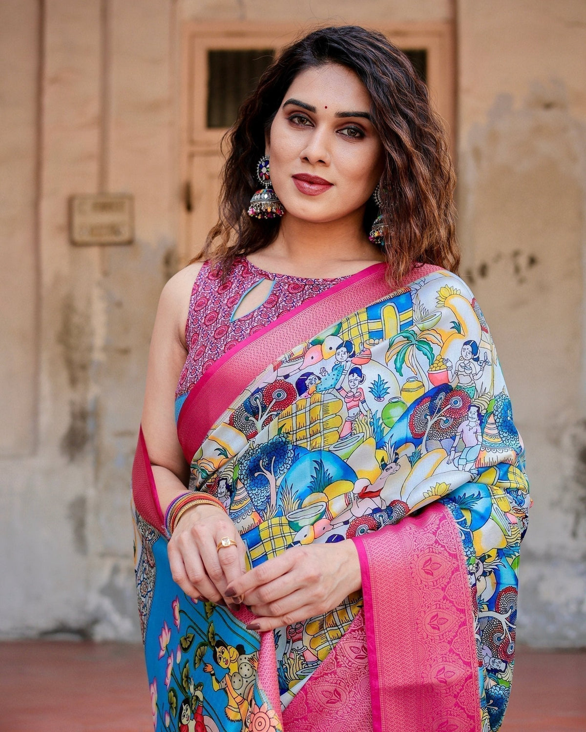Vibrant Multicolor Digital Printed Tussar Silk Saree with Pink Zari