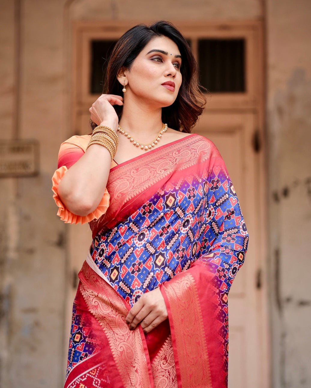 Royal Blue and Red Tussar Silk Saree with Geometric Patterns and