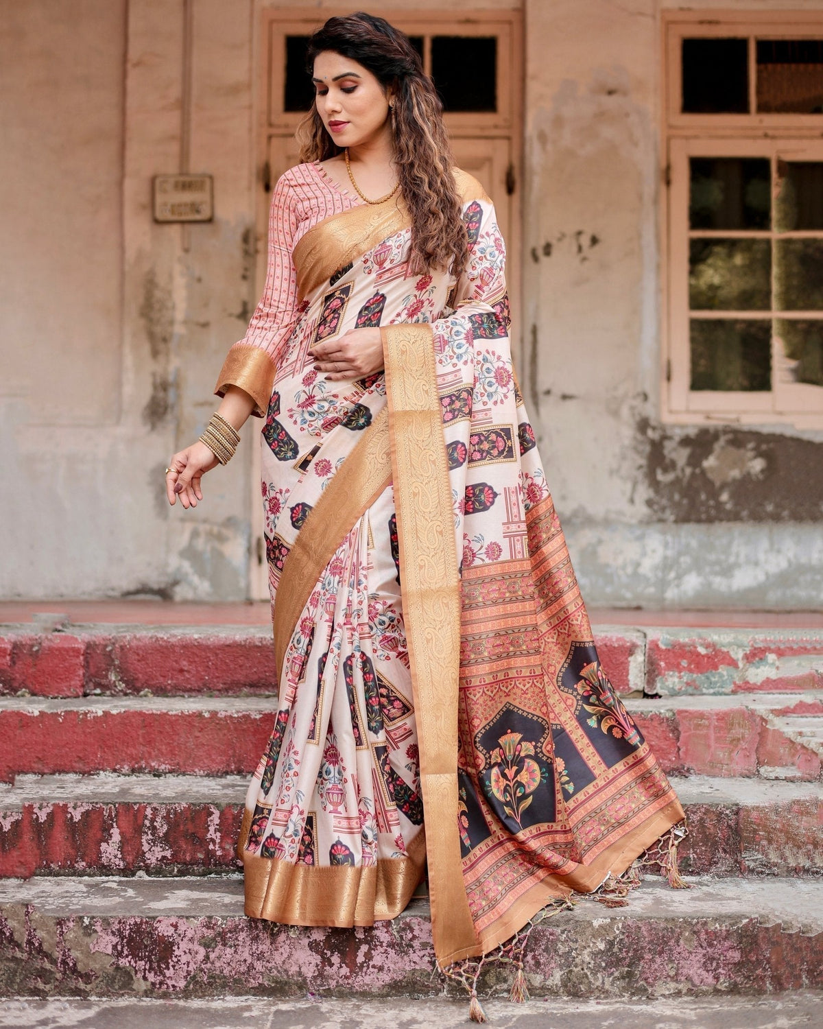 Ivory Tussar Silk Saree with Artistic Floral Motifs and Gleaming
