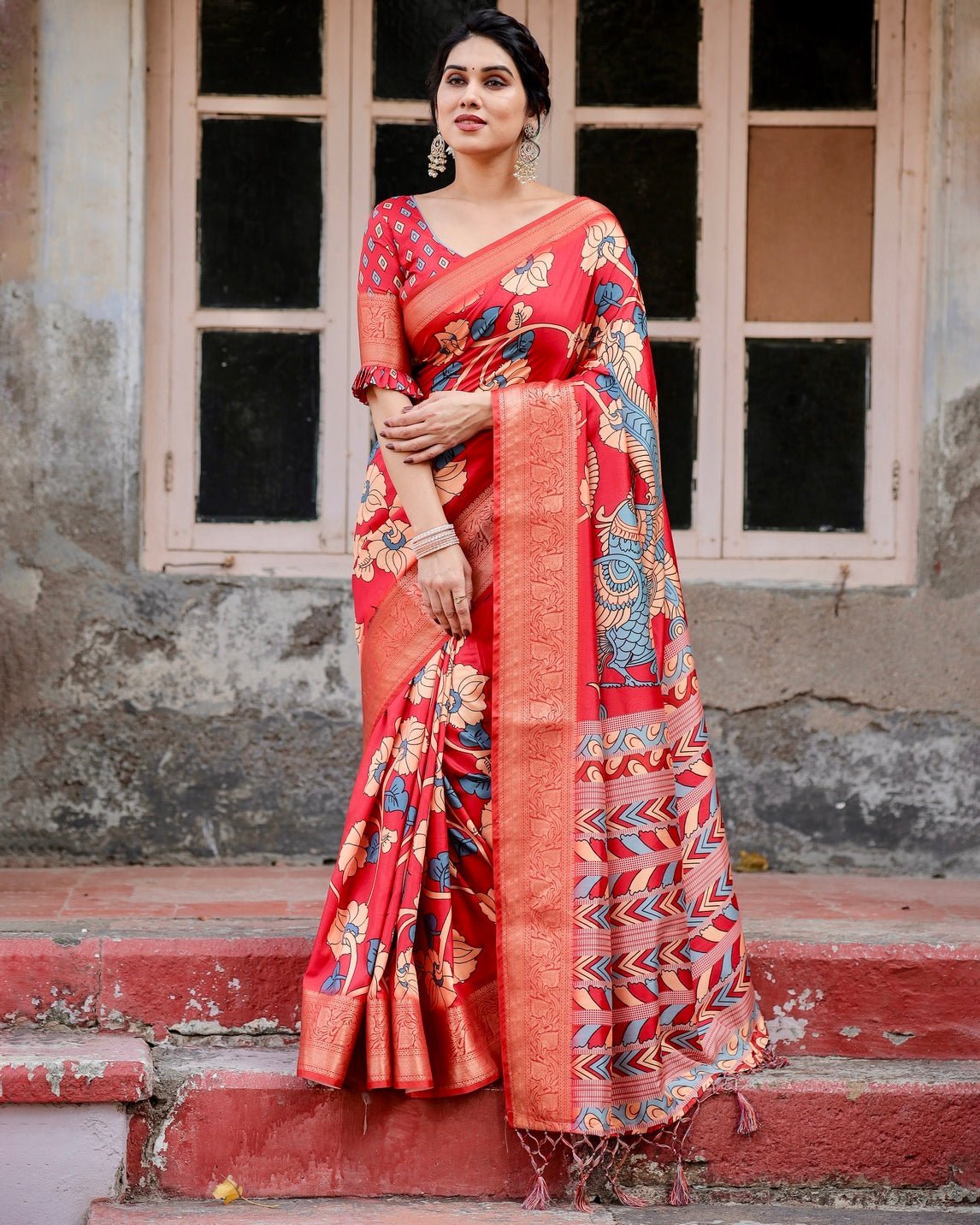 Vibrant Red Tussar Silk Saree with Bold Floral Motifs and Chevron