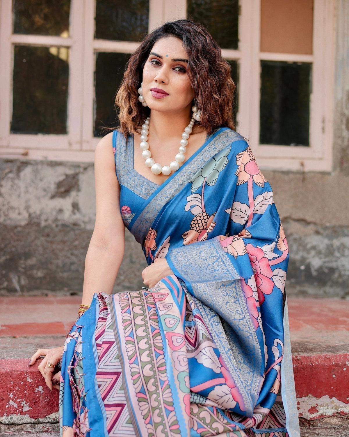 Sky Blue Tussar Silk Saree with Bold Floral Motifs and Chevron Pallu