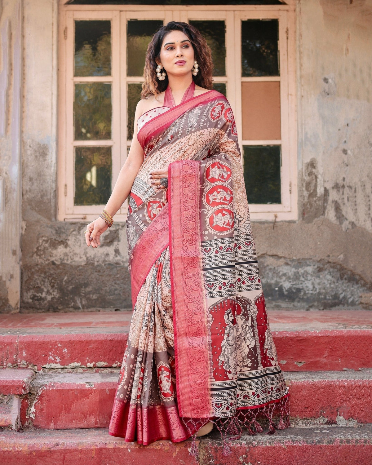 Beige and Red Tussar Silk Saree with Traditional Motifs and Ornamental