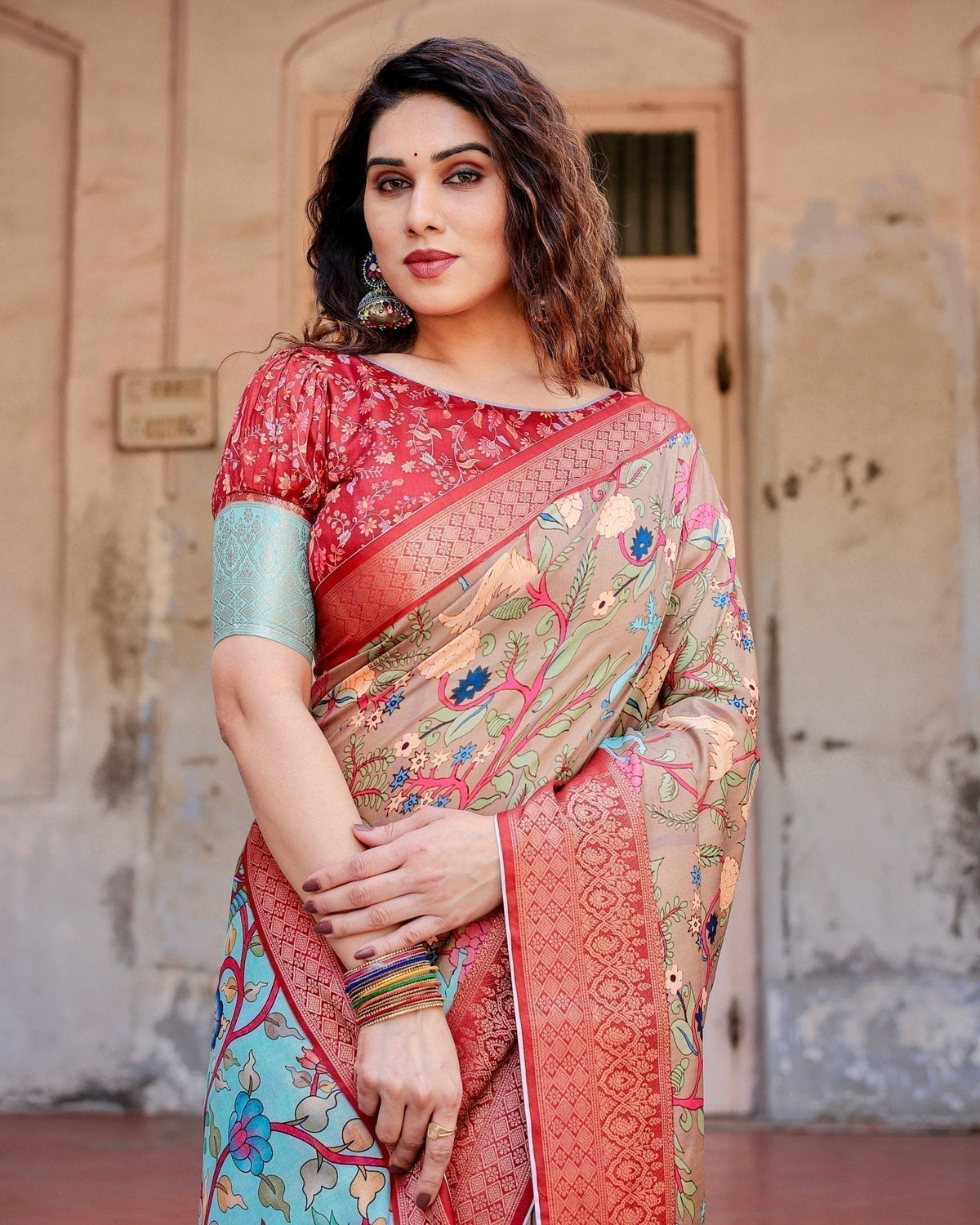 Beige Tussar Silk Saree with Vibrant Multicolor Floral Prints and Red