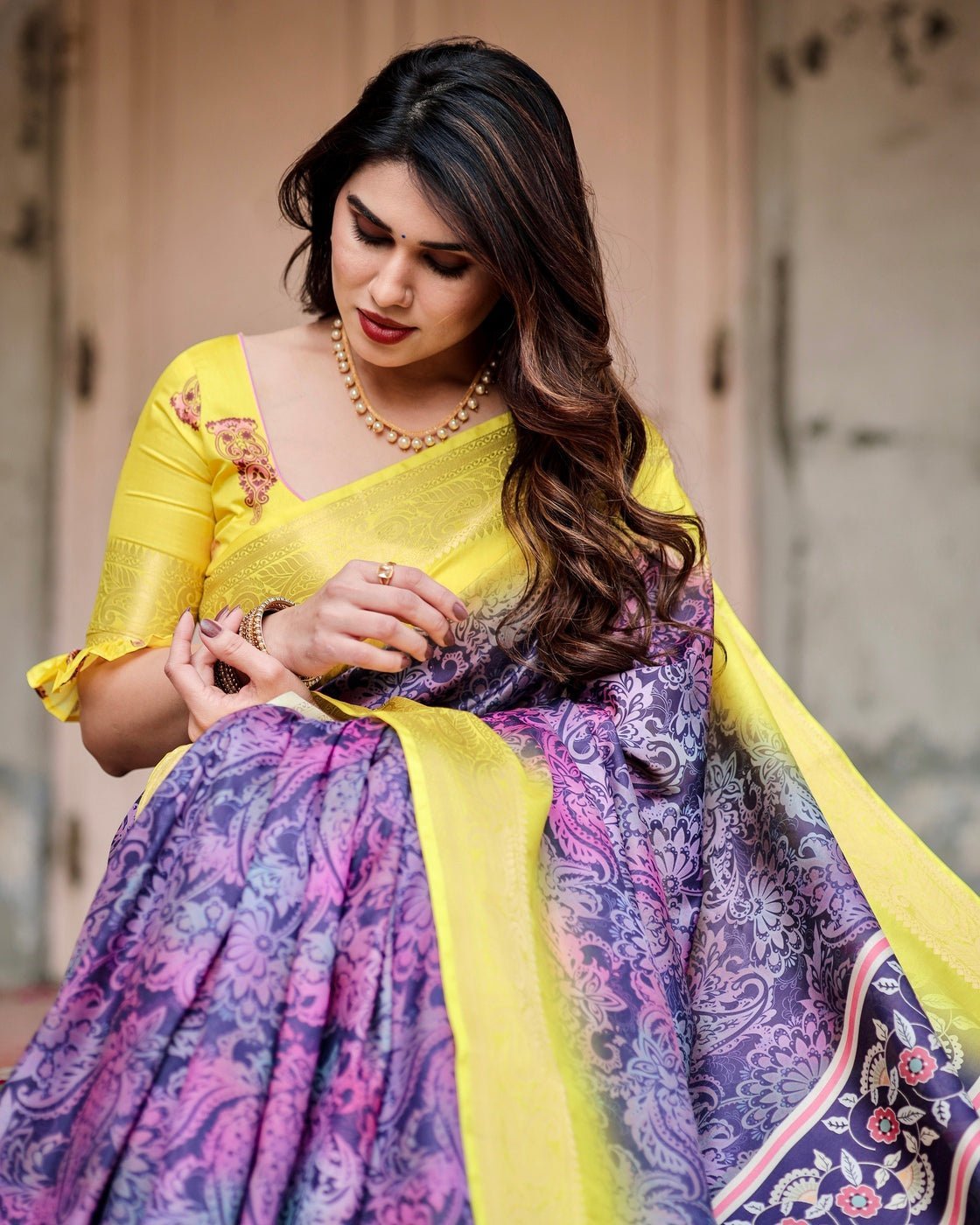 Purple and Yellow Tussar Silk Saree with Artistic Peacock Pallu and