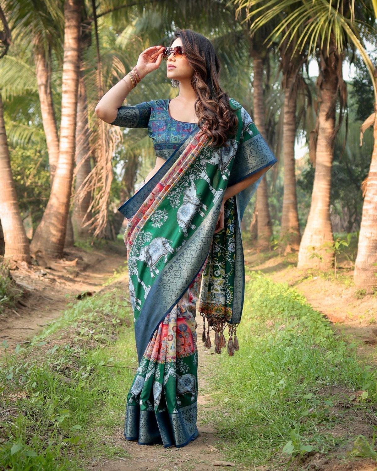 Multicolored Digital Print Tussar Silk Saree with Intricate Zari